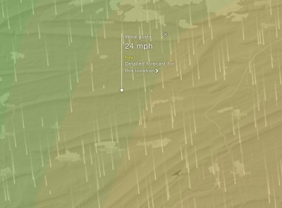 Windyty Sac area 2pm surface gust prediction