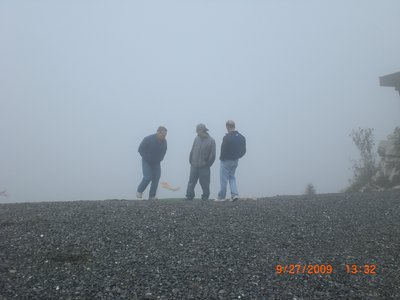 John, Dan, and Carlos in the fog on the pad.