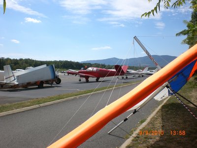 V-tail Beech Bonanza on the flight line.