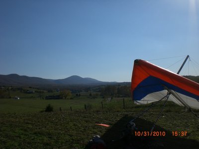 Looking south from the LZ.  Grubbs and Lairds Knobs plainly visible, Massanutten Peak a small bump in the distance 11 miles away.